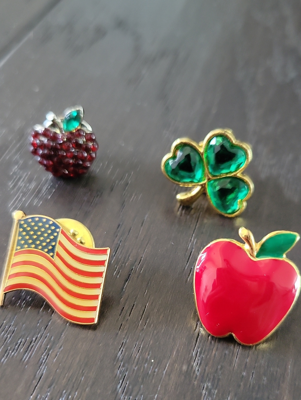 Assorted Enamel Pin Lot - Red Apple, American Flag, Clover & Berry